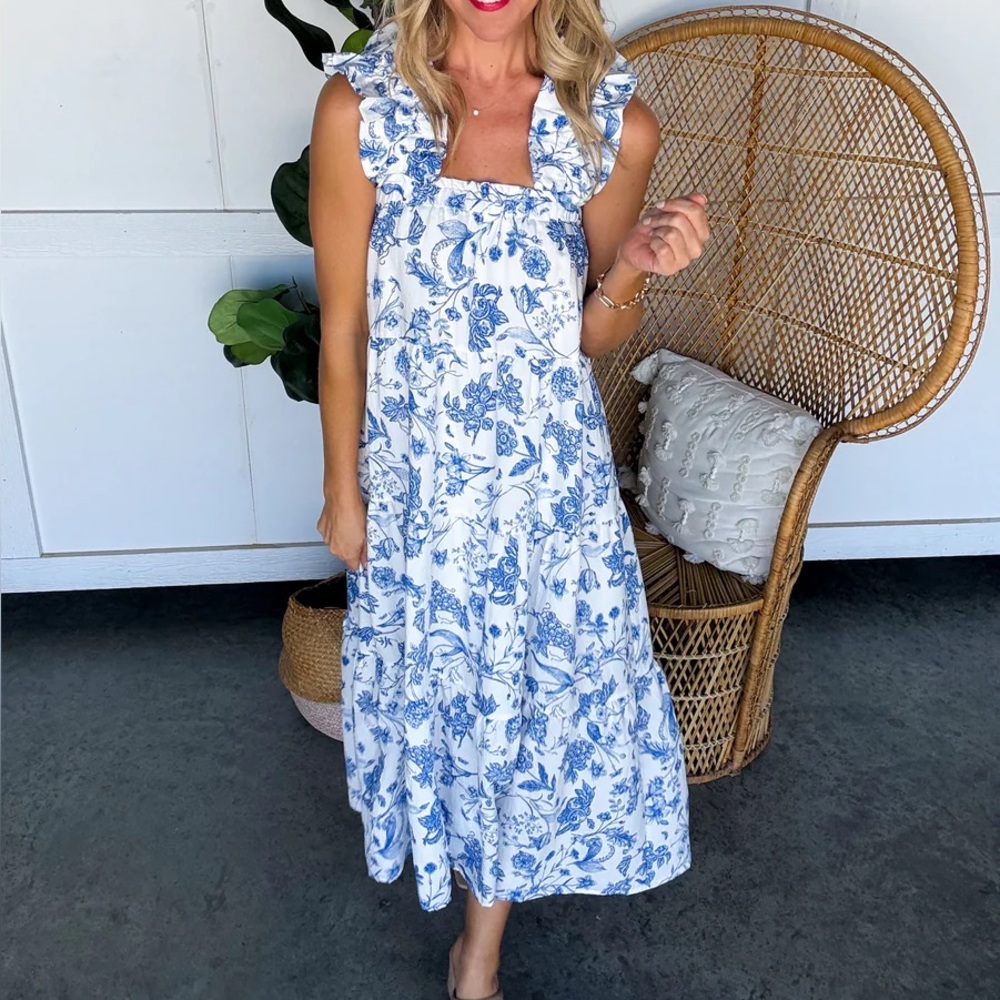 THML White and Blue Floral Ruffle Midi Dress
